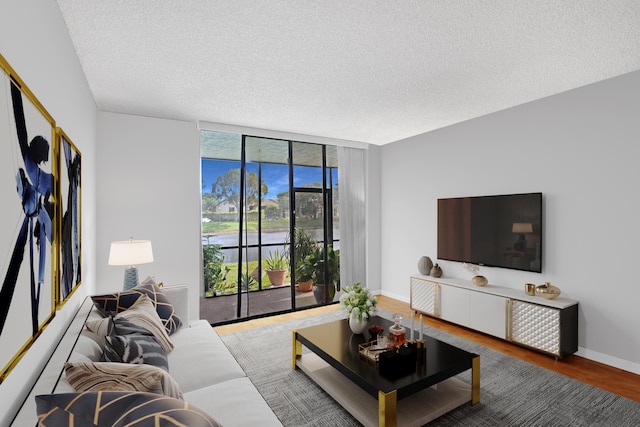 living room with a textured ceiling and hardwood / wood-style flooring