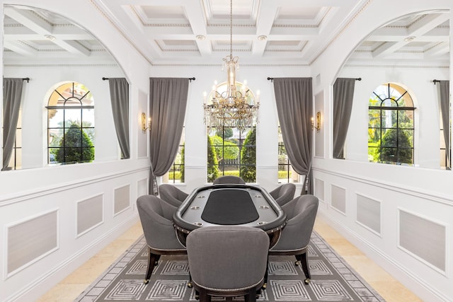 dining area featuring crown molding, tile patterned flooring, and coffered ceiling