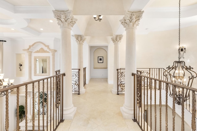 hall featuring light tile patterned flooring, beamed ceiling, coffered ceiling, and decorative columns