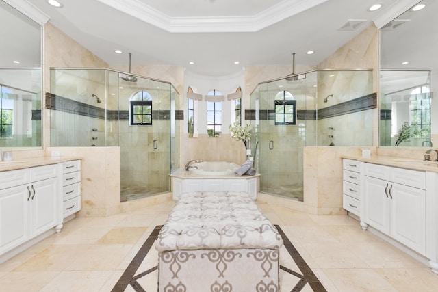 bathroom with vanity, shower with separate bathtub, and tile patterned flooring