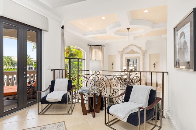 sitting room featuring coffered ceiling, light tile patterned floors, and ornamental molding