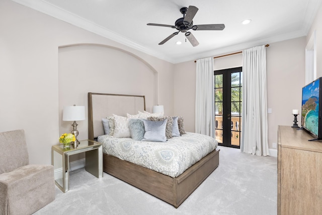 bedroom featuring ceiling fan, light carpet, crown molding, and access to outside