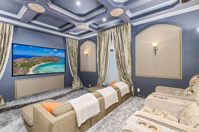 home theater room featuring coffered ceiling, carpet floors, and ornamental molding