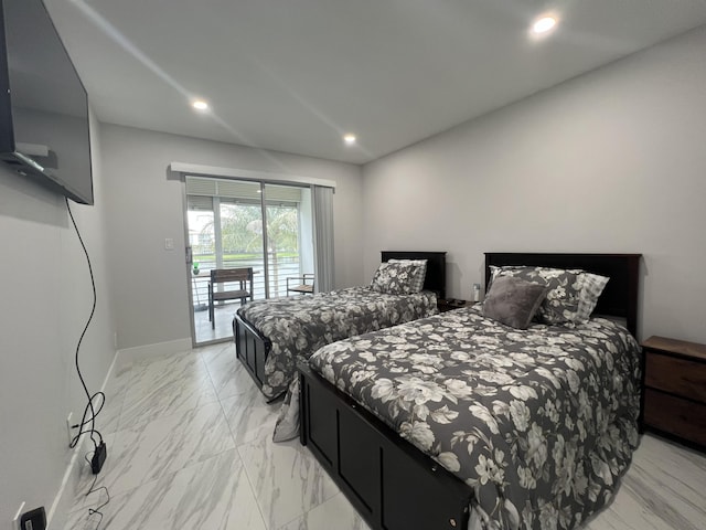 bedroom with baseboards, marble finish floor, recessed lighting, and access to exterior