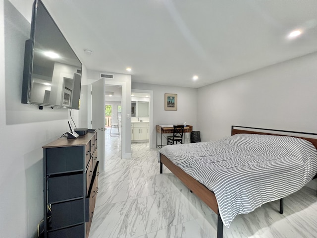 bedroom featuring marble finish floor, visible vents, and recessed lighting