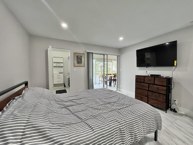 bedroom featuring access to outside, recessed lighting, and baseboards