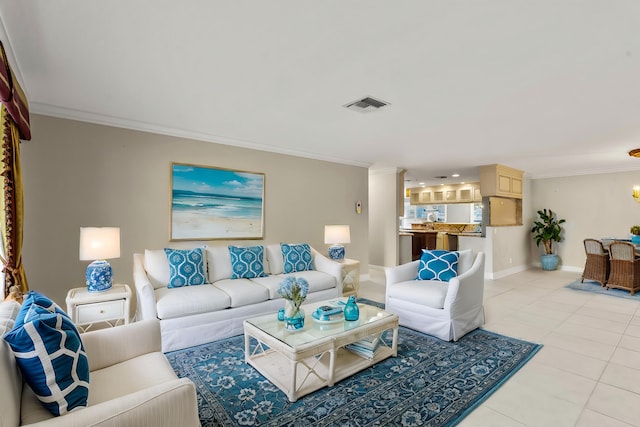 tiled living room featuring ornamental molding