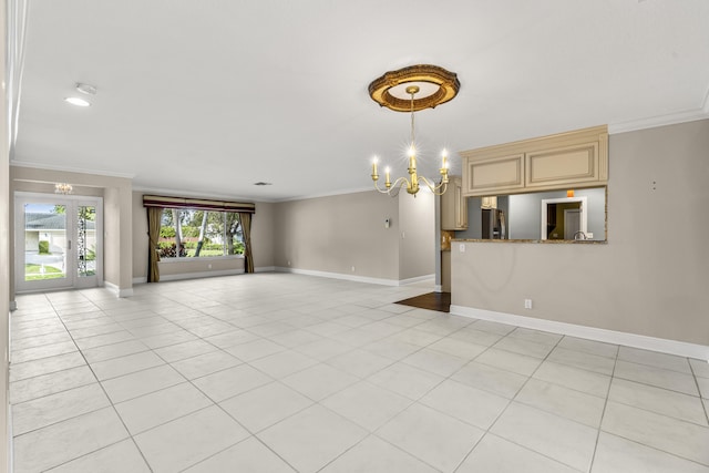 unfurnished living room with crown molding, light tile patterned flooring, and a notable chandelier