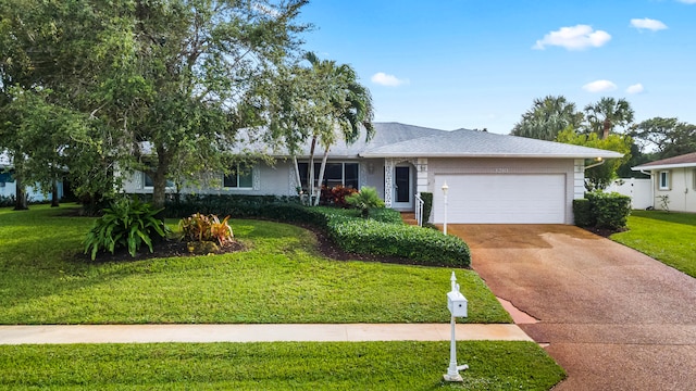 single story home featuring a front lawn and a garage