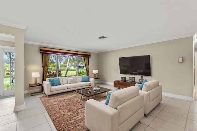 tiled living room featuring crown molding