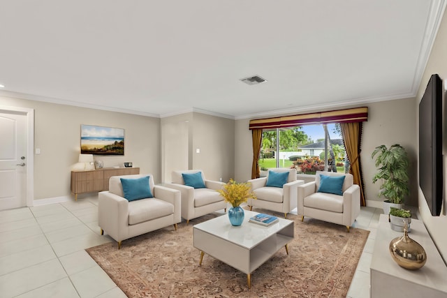 living room with ornamental molding and light tile patterned floors