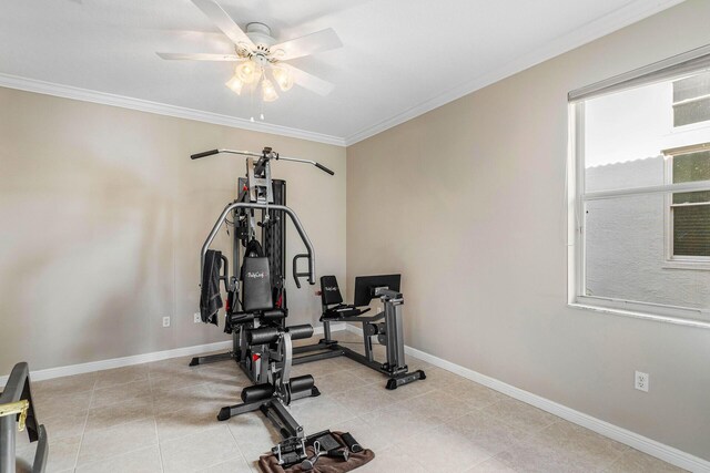 exercise area featuring baseboards, crown molding, and a ceiling fan