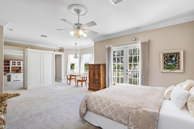 bedroom with crown molding, french doors, light carpet, access to outside, and visible vents