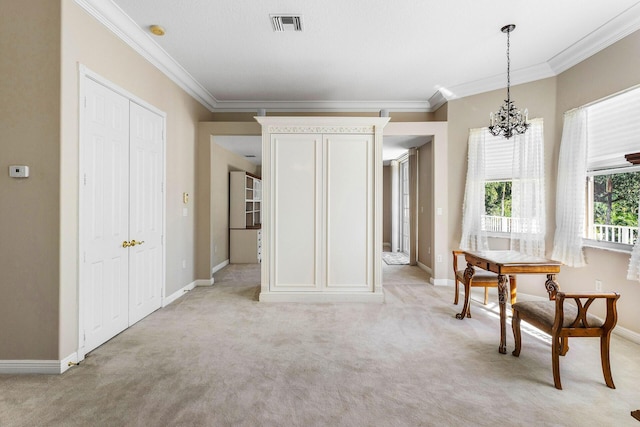 dining space featuring light colored carpet, ornamental molding, baseboards, and a chandelier