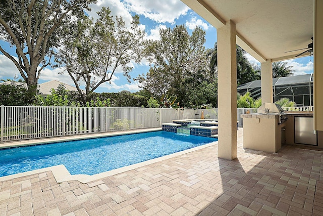view of pool featuring a fenced backyard, grilling area, a ceiling fan, area for grilling, and a patio area