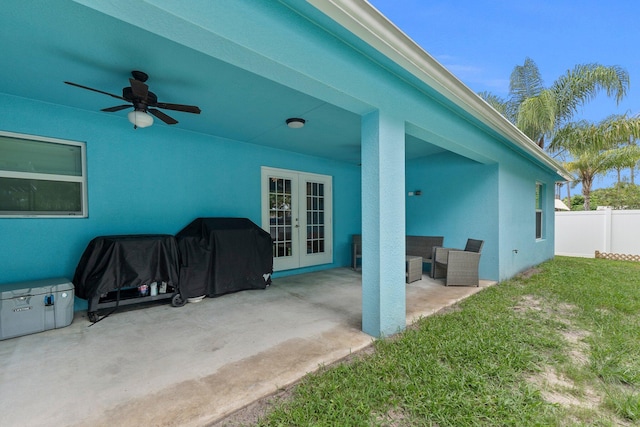 view of patio with french doors, an outdoor living space, and ceiling fan