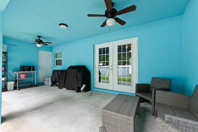 view of patio / terrace featuring french doors, grilling area, and ceiling fan