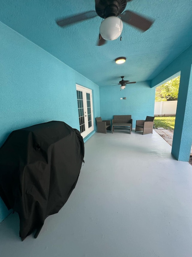 view of patio / terrace featuring ceiling fan, grilling area, and french doors