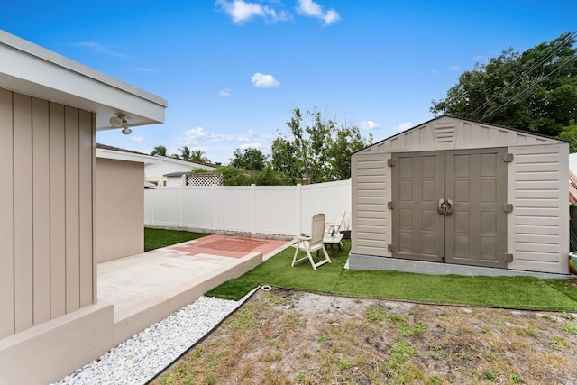 view of yard featuring a patio and a storage unit