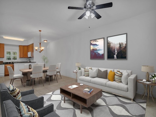 tiled living room featuring ceiling fan with notable chandelier