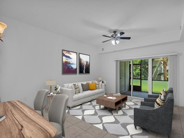 tiled living room with ceiling fan