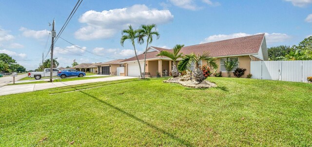 ranch-style home featuring a front lawn and a garage