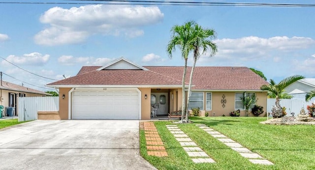 single story home with a garage and a front yard