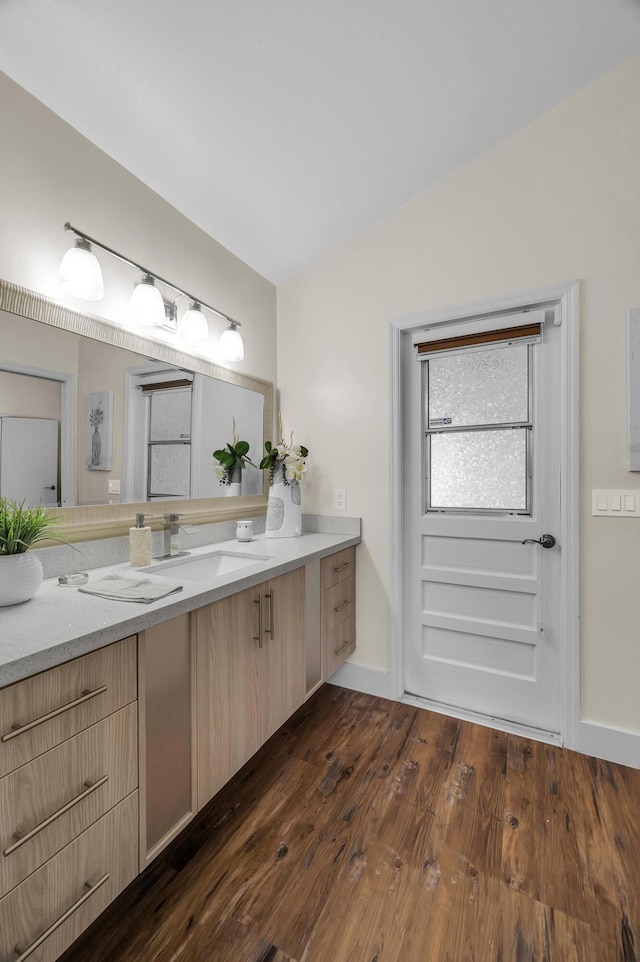 bathroom with wood-type flooring and vanity