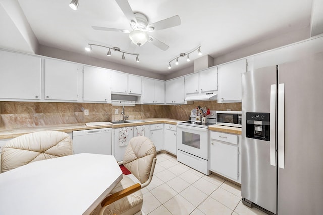 kitchen with sink, white cabinetry, white appliances, and ceiling fan