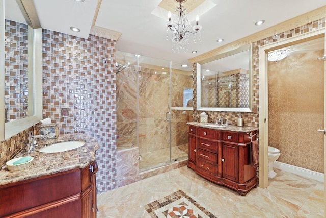 bathroom featuring tile walls, walk in shower, tile patterned floors, toilet, and vanity