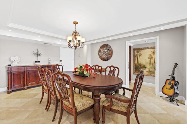 dining space with an inviting chandelier, light tile patterned floors, and a raised ceiling