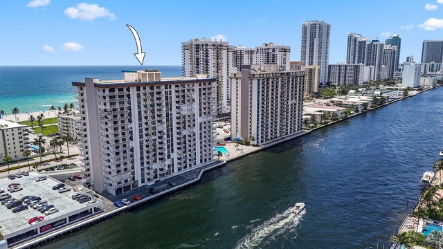 bird's eye view with a water view