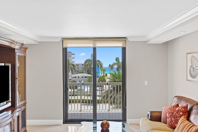 tiled living room with crown molding