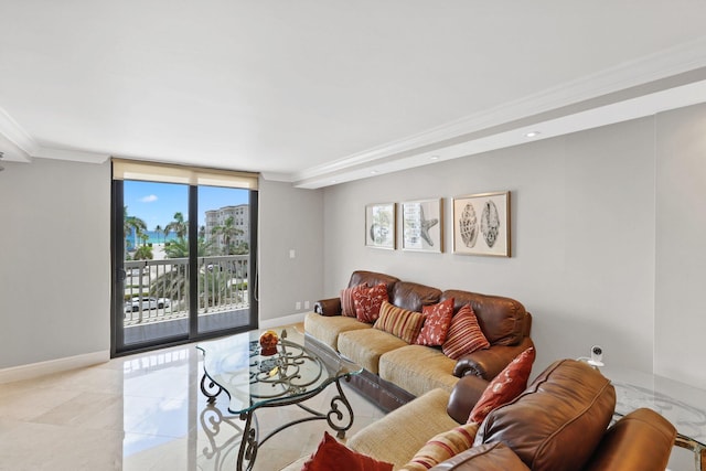 living room with light tile patterned flooring, expansive windows, and ornamental molding