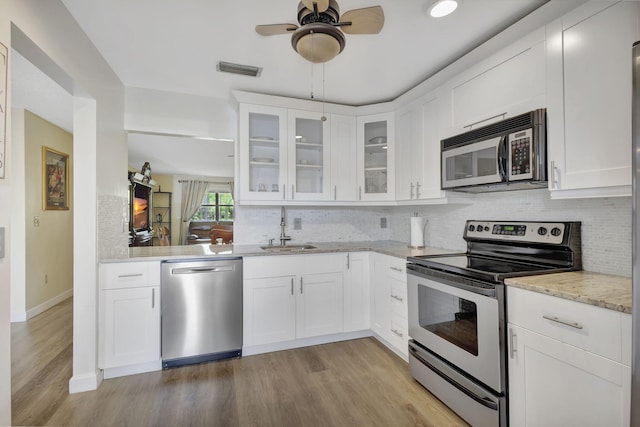 kitchen with light hardwood / wood-style flooring, backsplash, ceiling fan, appliances with stainless steel finishes, and sink