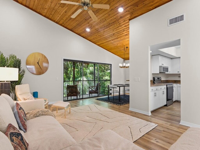 living room with light hardwood / wood-style floors, wood ceiling, and high vaulted ceiling