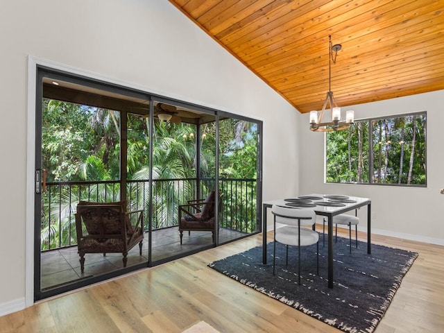 dining space with wood ceiling, wood-type flooring, and a chandelier