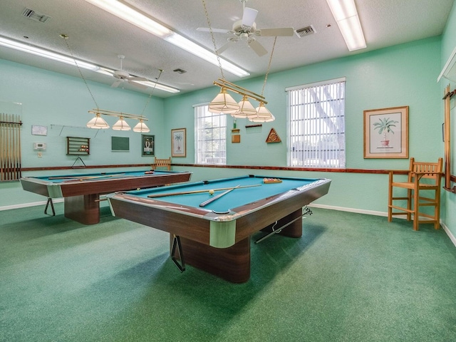 playroom with ceiling fan, carpet, and billiards