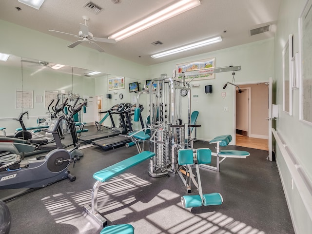 exercise room featuring ceiling fan and a textured ceiling