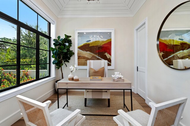 office area featuring plenty of natural light, hardwood / wood-style flooring, and ornamental molding