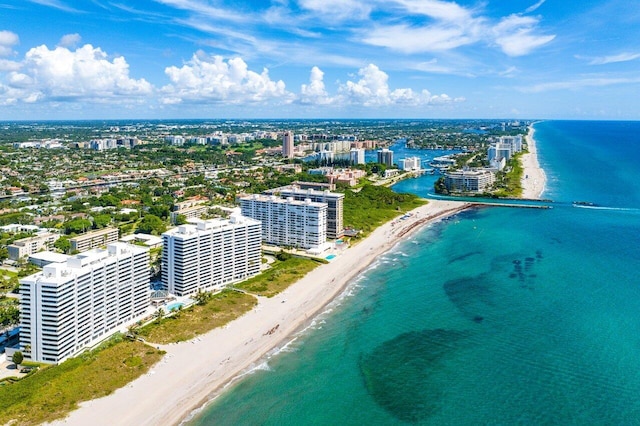 bird's eye view with a view of the beach and a water view