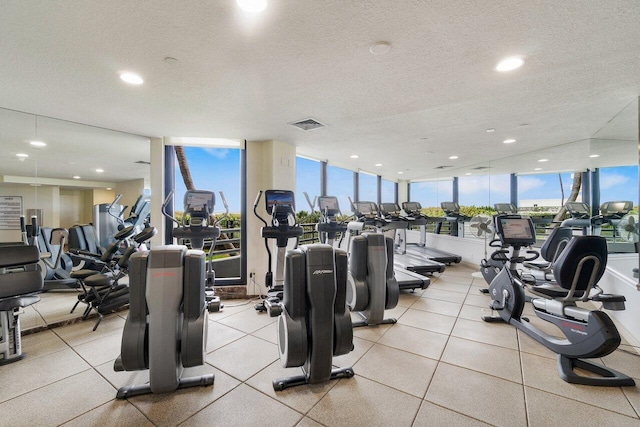 exercise room featuring a textured ceiling and expansive windows