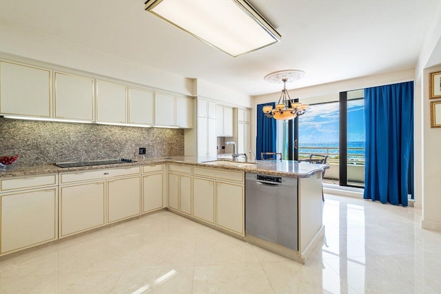 kitchen featuring a chandelier, backsplash, kitchen peninsula, black electric cooktop, and stainless steel dishwasher