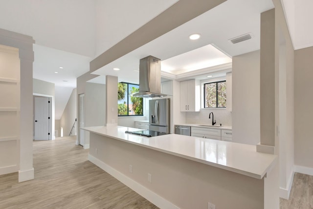 kitchen featuring light hardwood / wood-style floors, white cabinetry, sink, appliances with stainless steel finishes, and island range hood