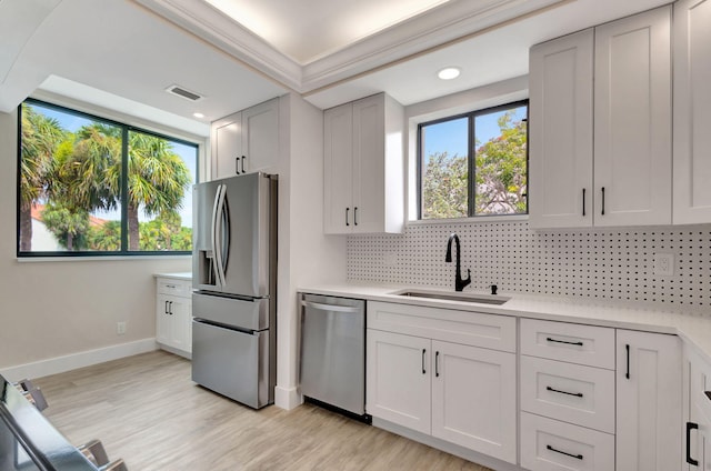 kitchen with white cabinets, decorative backsplash, stainless steel appliances, and sink