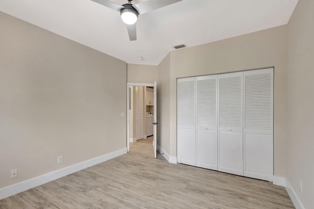 unfurnished bedroom featuring a closet, ceiling fan, and light hardwood / wood-style flooring