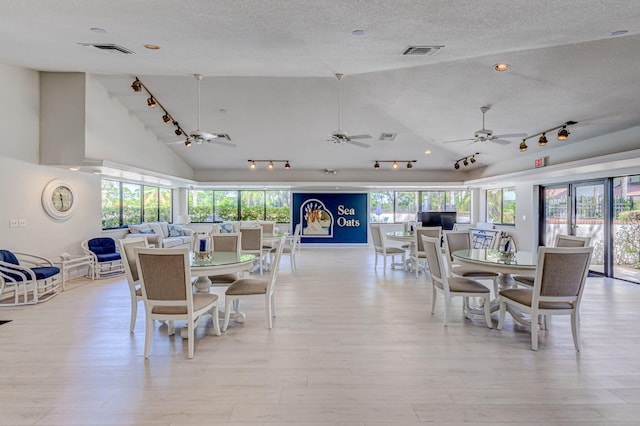 dining area featuring ceiling fan, a healthy amount of sunlight, light wood-type flooring, and lofted ceiling