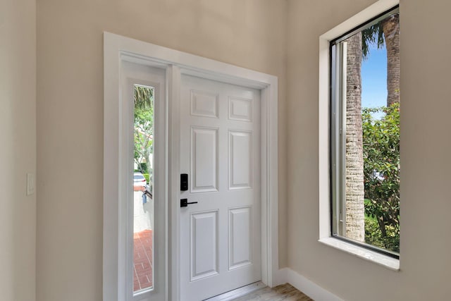 foyer entrance with a wealth of natural light and light hardwood / wood-style flooring