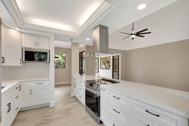 kitchen with stainless steel appliances, island exhaust hood, a raised ceiling, light countertops, and a ceiling fan