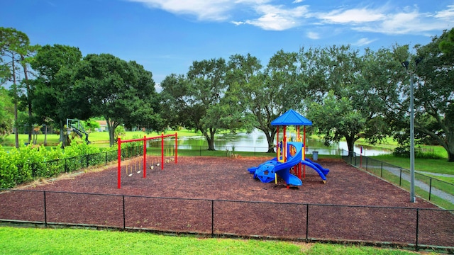 view of play area with a water view